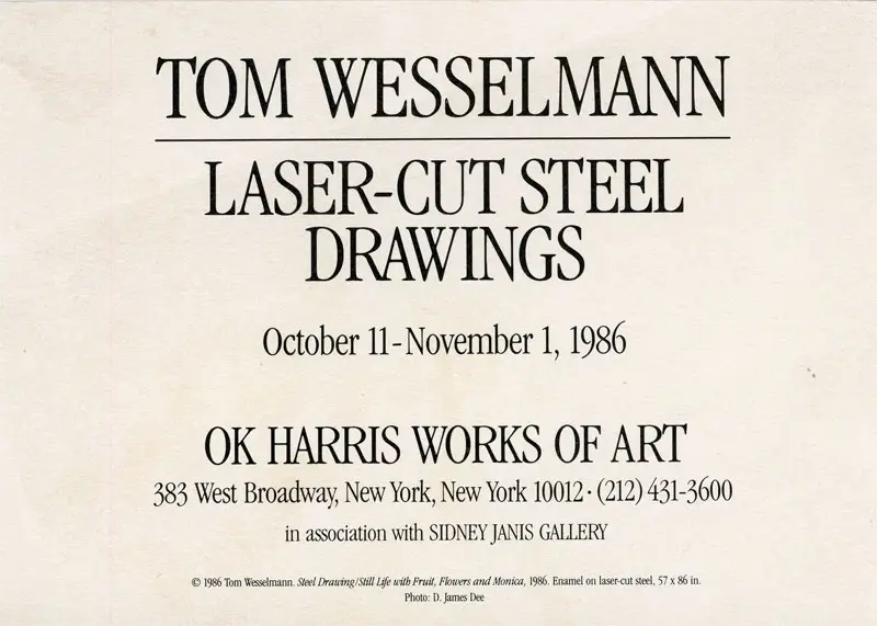 Vintage exhibition poster for Tom Wesselmann's 'Laser-Cut Steel Drawings' at OK Harris Works of Art in New York, announcing the October 11 to November 1, 1986 exhibition presented in association with Sidney Janis Gallery.