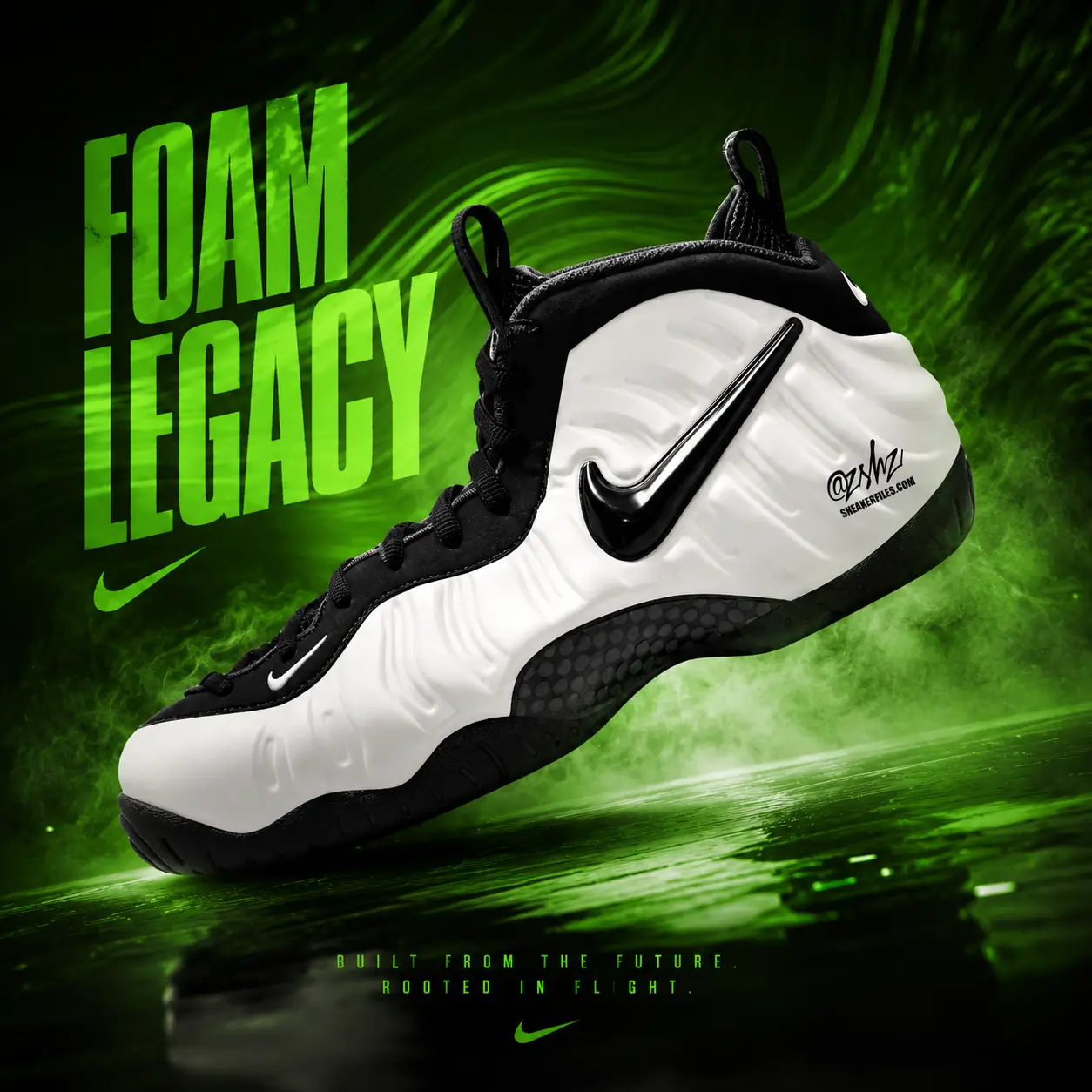Nike Air Foamposite One 'Foam Legacy' promotional artwork with the white and black sneaker floating above a glossy reflective floor against a neon green smoke background.