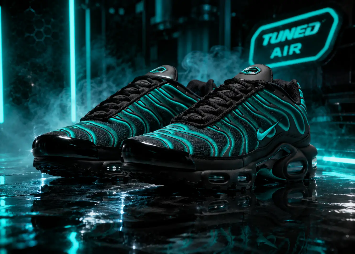 Promotional image of the Nike Air Max Plus 'Dusty Cactus' resting on a reflective wet surface inside a futuristic industrial setting. The black sneakers feature glowing teal gradient wave overlays, matching teal Swooshes, and visible Tuned Air cushioning, illuminated by neon cyan lighting with drifting mist and a backlit 'Tuned Air' sign that emphasizes the silhouette's bold performance heritage.