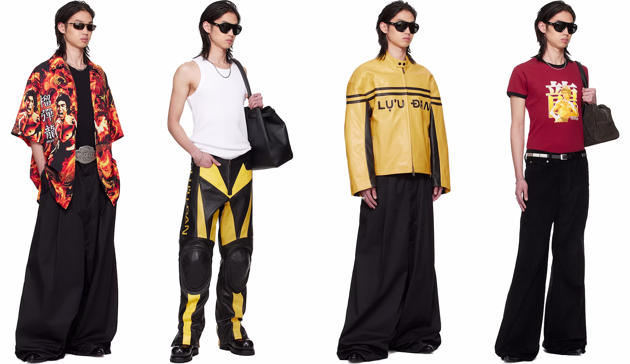 Four editorial looks from LỰU ĐẠN's Bruce Lee-inspired collection are presented against a white studio background. The first outfit pairs oversized black wide-leg trousers with a fiery kimono-style shirt printed with Bruce Lee portraits and Chinese typography. The second combines a white tank top with black-and-yellow leather motocross pants and a large black shoulder bag. The third features a mustard-yellow leather racing jacket with black stripe detailing worn over oversized black trousers. The final look includes a burgundy graphic ringer T-shirt with a golden Bruce Lee illustration, relaxed black trousers, sunglasses, and a shoulder bag, highlighting the collection's fusion of martial arts iconography, vintage references, and contemporary streetwear tailoring.