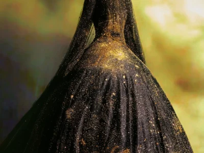 A dramatic haute couture gown in shimmering black and gold stands against a softly illuminated golden backdrop. The voluminous ballgown features a fitted bodice, a floor-length skirt dusted with metallic embellishments, and a sheer glittering veil draped over the model's head and shoulders, creating an ethereal, celestial effect. The sil is sculptural and theatrical, emphasizing craftsmanship, texture, and couture elegance