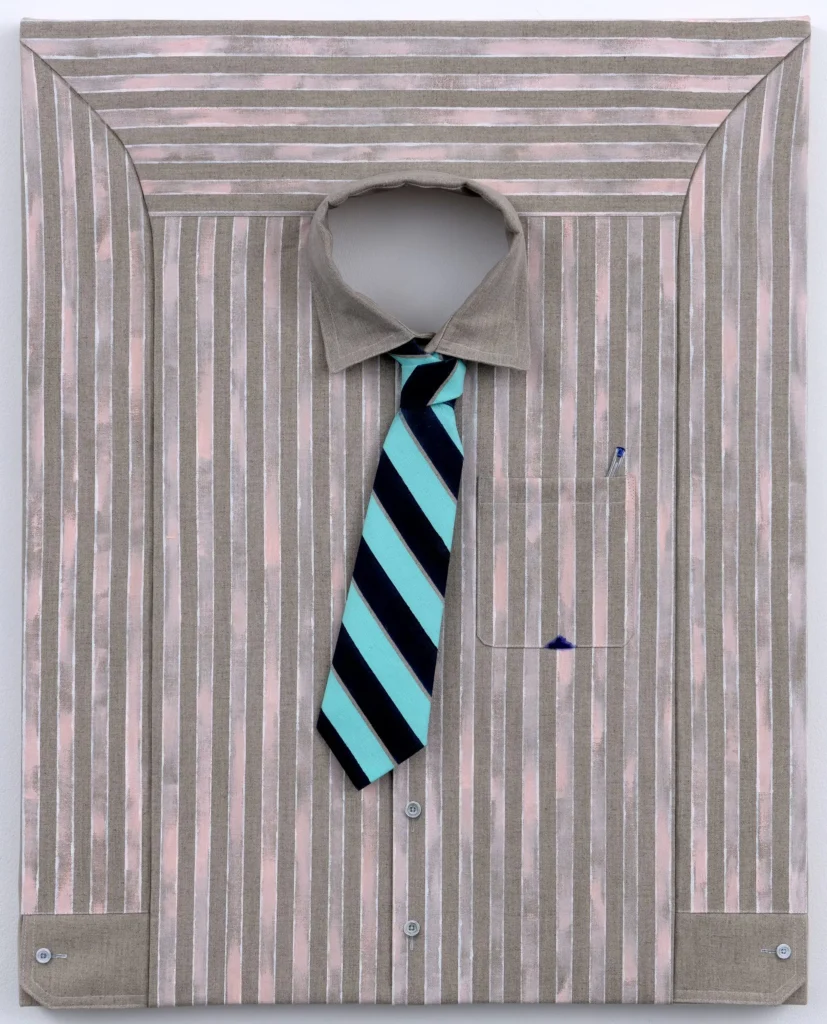 Large trompe-l'œil artwork depicting a striped beige dress shirt with a turquoise-and-navy diagonal striped tie, carefully rendered seams, cuffs, buttons, and a pen tucked into the chest pocket