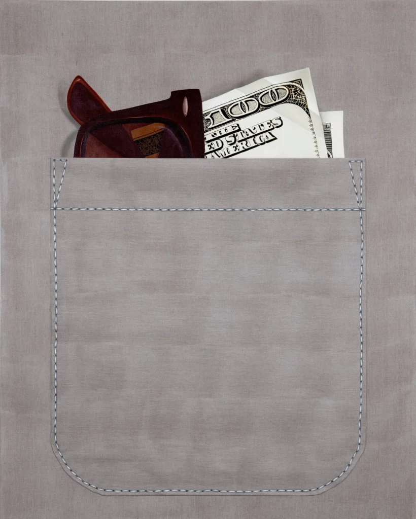 Close-up textile artwork of a stitched shirt pocket holding folded U.S. currency and a pair of dark sunglasses, emphasizing realistic fabric texture, stitching, and layered everyday object
