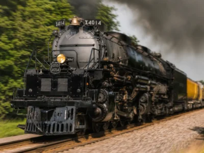 Union Pacific Big Boy No. 4014 steam locomotive racing down the tracks with subtle motion blur, dark smoke overhead, and green trees lining the railway