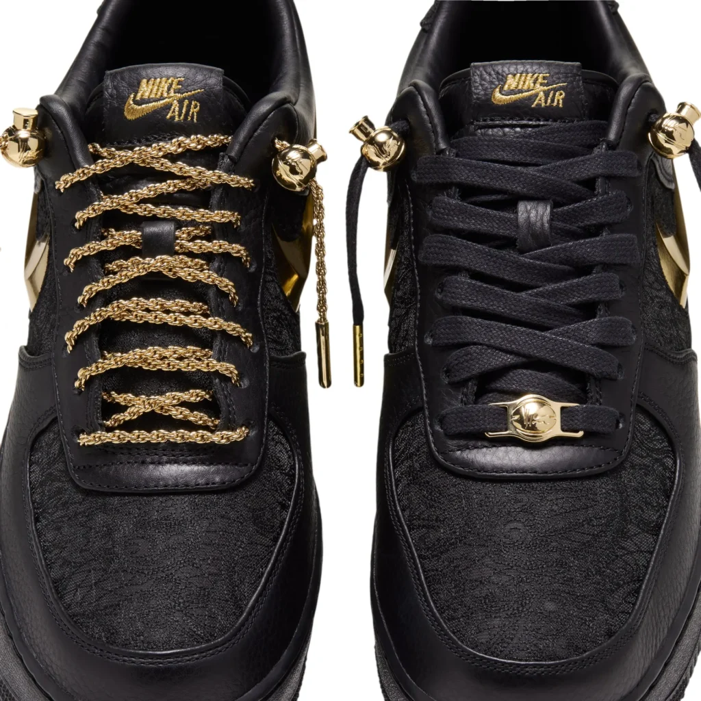 Comparison of interchangeable lacing options on the Nike Air Force 1, displaying metallic gold chain laces alongside traditional black flat laces with custom gold dubrae