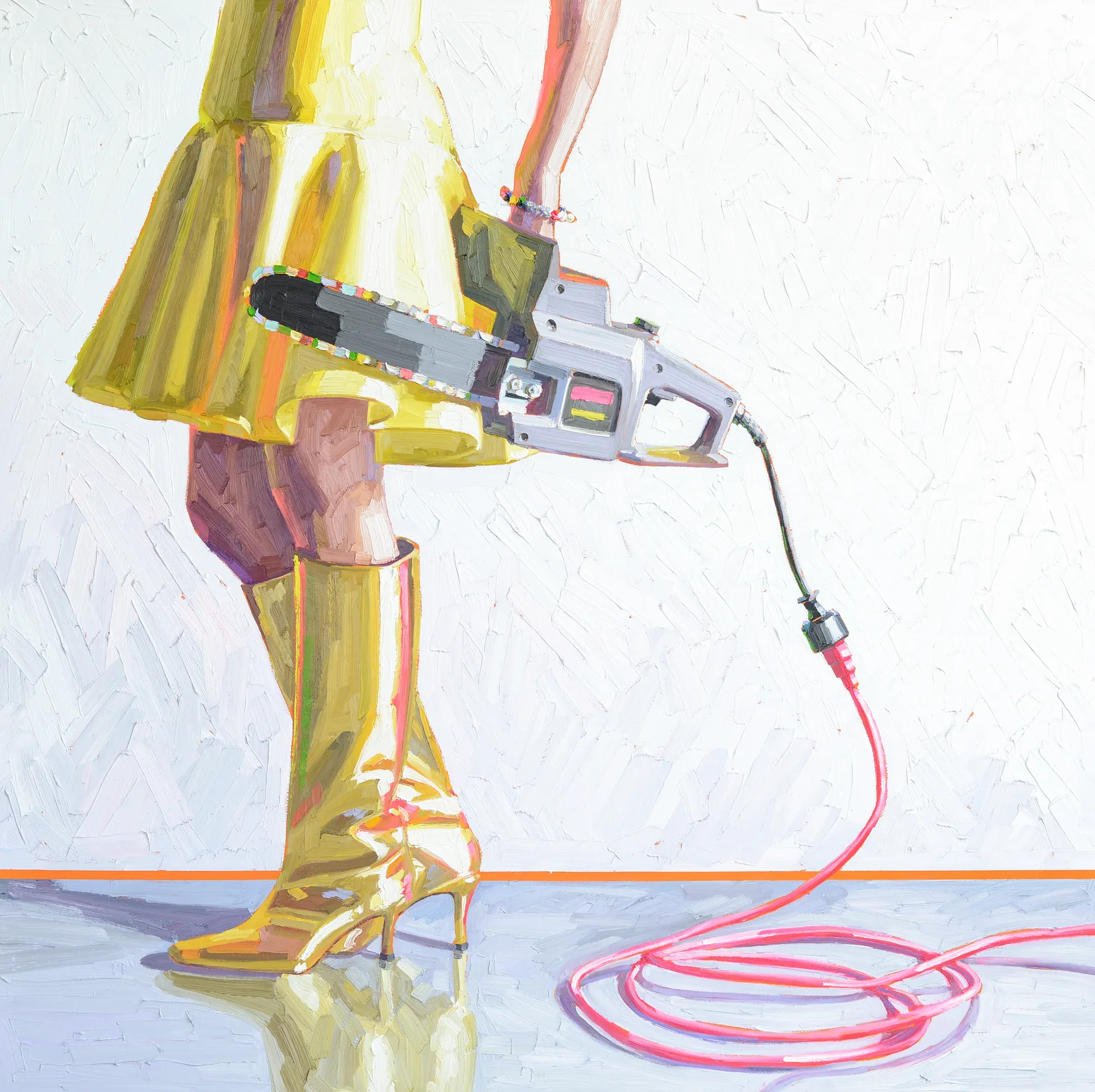 Contemporary figurative oil painting depicting the lower half of a woman in a metallic gold dress and matching knee-high boots holding an electric chainsaw with a bright pink power cord against a textured white background.
