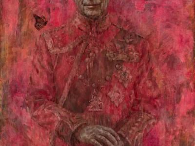 A richly textured portrait painting depicts King Charles III in a ceremonial military uniform rendered almost entirely in deep crimson and rose tones. He stands facing forward with his hands resting on a sword, royal medals and insignia blending into the expressive brushwork, while a single butterfly hovers beside his shoulder against the abstract red background