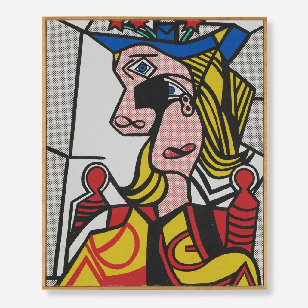 A frame pop art reinterpretation of a crowned woman in profile, rendered with bold black outlines, primary colors, and Ben-Day dots. The figure wears a blue crown with red stars, yellow hair, and a red and yellow garment, set against a geometric black-and-white background that echoes comic book printing technique