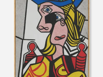 A frame pop art reinterpretation of a crowned woman in profile, rendered with bold black outlines, primary colors, and Ben-Day dots. The figure wears a blue crown with red stars, yellow hair, and a red and yellow garment, set against a geometric black-and-white background that echoes comic book printing technique