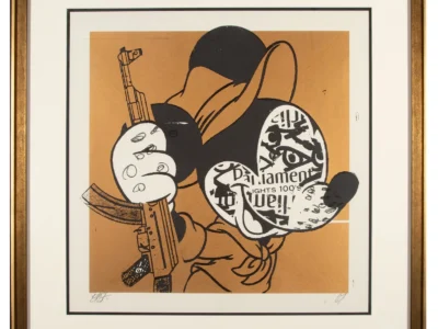 Framed pop art print of a Mickey Mouse-inspired figure holding a rifle, with a collage-style face made from vintage typography and graphic elements in black, white, and bronze tones