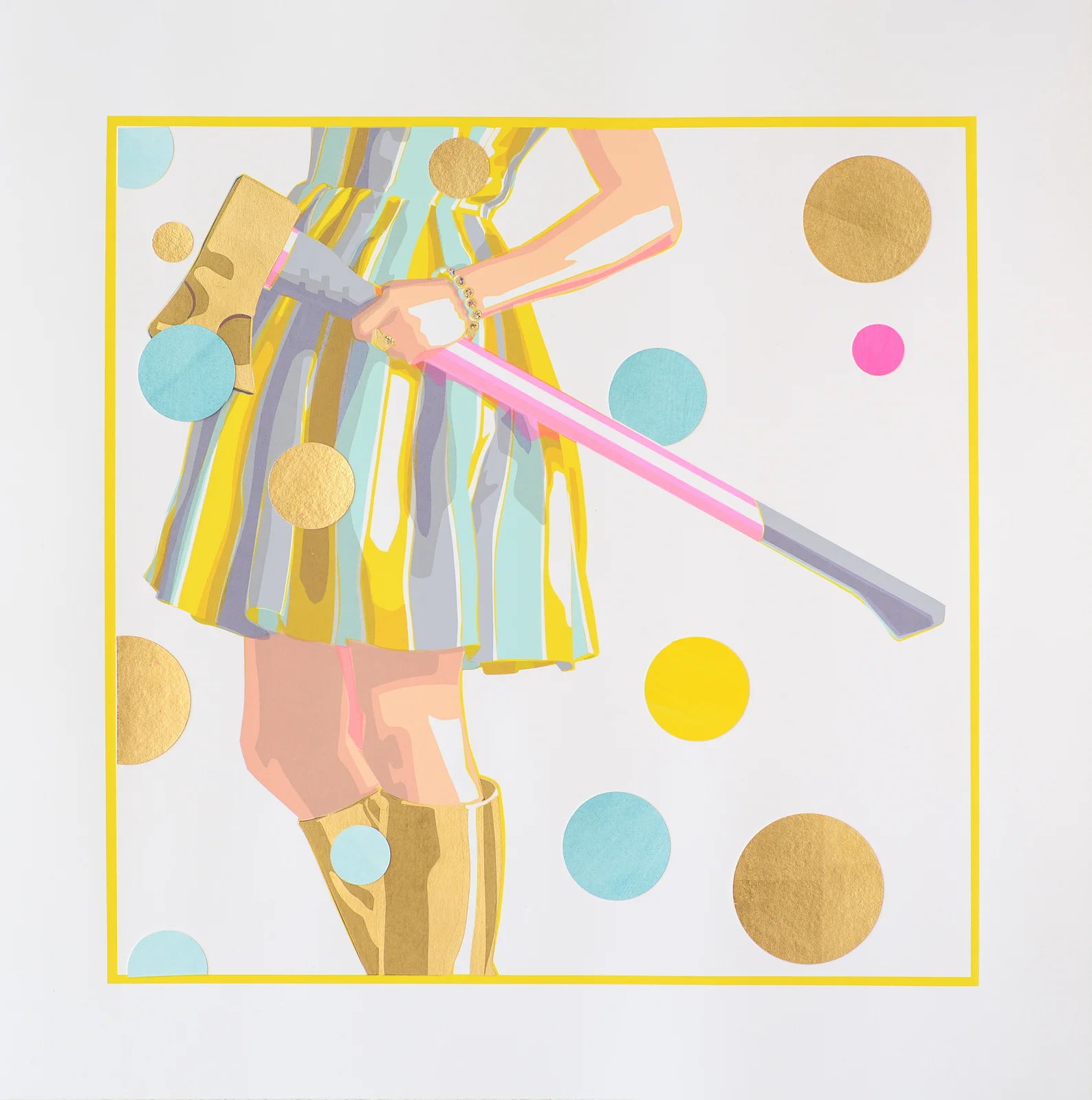 Contemporary figurative painting depicting the lower half of a woman in a striped pastel dress and metallic gold boots holding a pink golf club, surrounded by gold, blue, yellow, and pink circular motifs against a soft gray background with a thin yellow border.