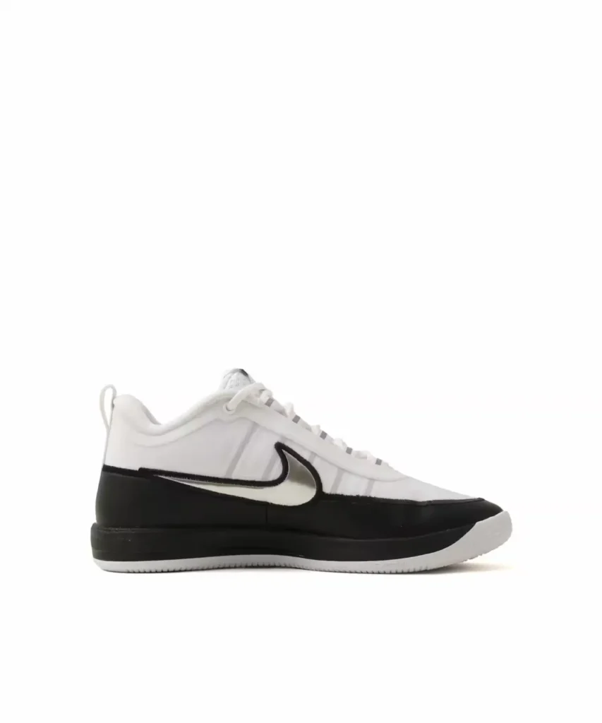 Opposite side profile of the Nike BOOK Chapter Two sneaker highlighting the clean white upper, oversized metallic Swoosh, black midsole wrap, and white outsole