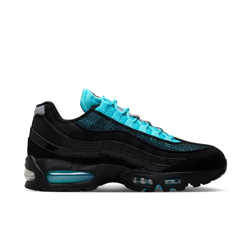 Medial side profile of the Nike Air Max 95 in black and aqua, featuring layered suede and glossy overlays, aqua mesh panels, and full-length visible Air Max cushion