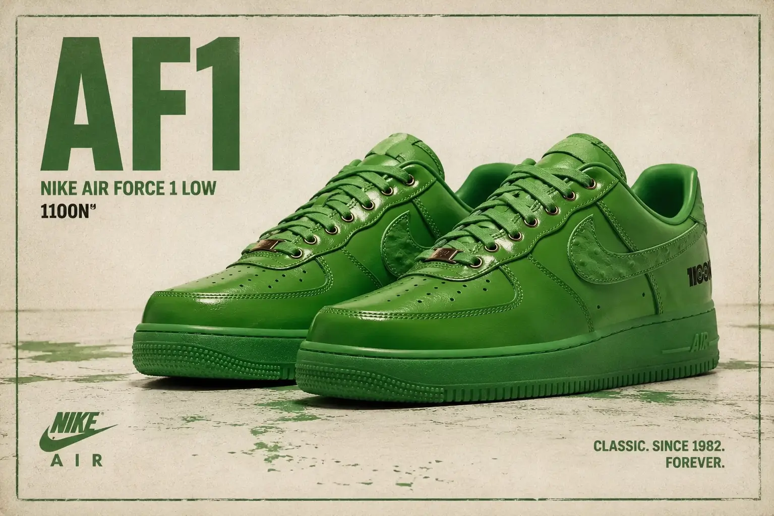 Vintage-inspired promotional artwork featuring bright green Nike Air Force 1 Low sneakers against a distressed cream backdrop with bold retro typography and classic sportswear advertising aesthetics.