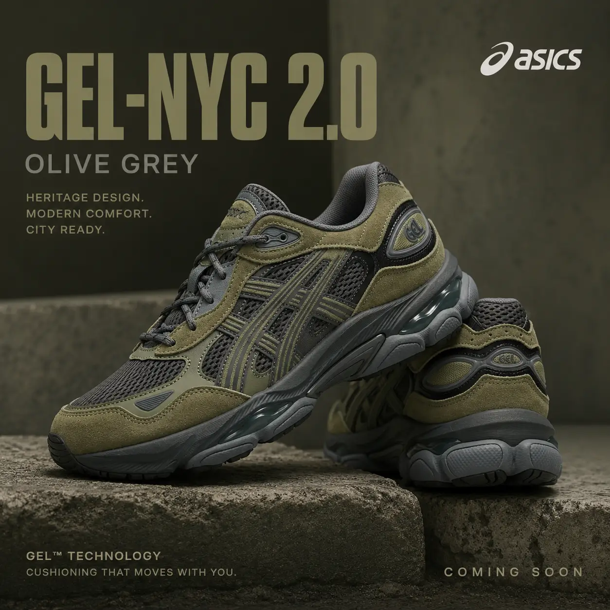 Editorial campaign image featuring the ASICS GEL-NYC 2.0 in an olive green and dark gray colorway, displayed on rugged concrete blocks against a moody industrial backdrop with bold promotional typography highlighting the updated lifestyle runner.