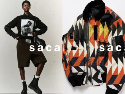 Split campaign image featuring a model wearing a black Muhammad Ali graphic top with voluminous shorts beside a multicolored geometric bomber jacket displayed flat, highlighting sacai's mix of graphics and utility
