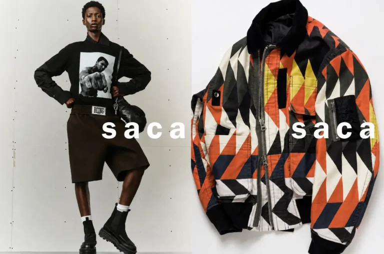 Split campaign image featuring a model wearing a black Muhammad Ali graphic top with voluminous shorts beside a multicolored geometric bomber jacket displayed flat, highlighting sacai's mix of graphics and utility