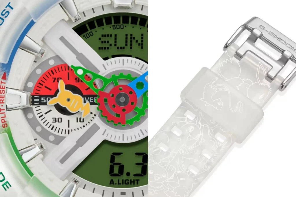 Close-up of the Pokémon x G-SHOCK GA-110 dial highlighting the Pikachu-shaped subdial, multicolored gear-inspired hands, green digital display, and translucent strap featuring subtle Pokémon character graphic