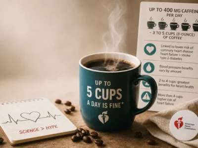 American Heart Association guidance says most healthy adults can safely consume up to 400 mg of caffeine daily—about three to five 8-ounce cups of coffee. Moderation, not fear, is the message