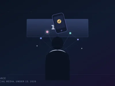 Illustration of France's under 15 social media ban, showing a phone verification icon above a silhouetted user against a dark digital background