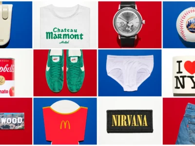 A tincture grid of iconic branded objects including an IBM mouse, Chateau Marmont T-shirt, Snoopy Timex watch, New York Mets baseball, Campbell's soup can, Nike sneakers, Calvin Klein briefs, I ❤ NY mug, Hollywood sign magnet, McDonald's fries carton, Nirvana patch, and Levi's jeans