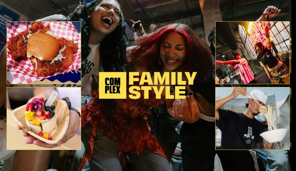 Promotional collage for the Complex Family Style food festival. At the center, a crowd dances beneath bold yellow "COMPLEX FAMILY STYLE" branding, surrounded by inset photos of festival highlights: a fried chicken sandwich and tenders, a fruit-topped dessert, a chef stretching fresh noodles into a bowl, and a live DJ performance under neon lighting. The layout captures the event's mix of food, music, and community energy