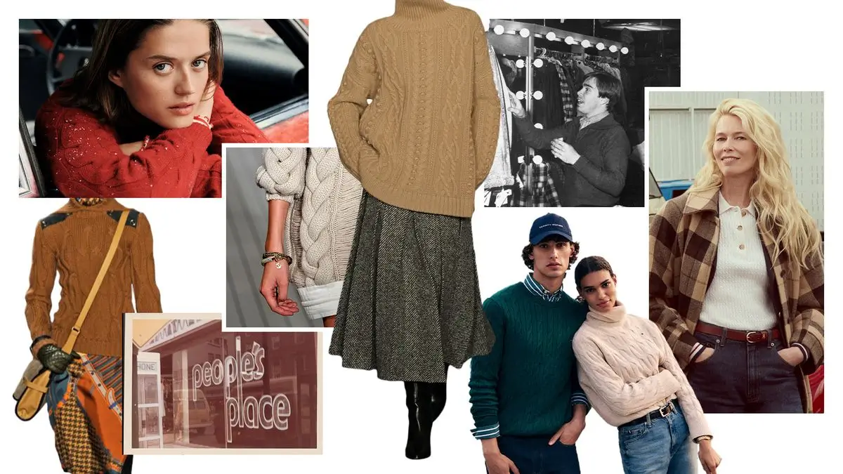 People's Place inspiration collage featuring archival photography, cable-knit sweaters, heritage apparel, storefront imagery, and modern Tommy Hilfiger campaign visuals.