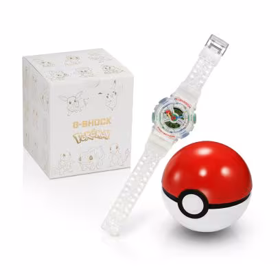 Pokémon x G-SHOCK GA-110 collector's set featuring the translucent Pikachu-themed watch, a Poké Ball-shaped storage case, and a white collector's box illustrated with Pokémon characters.