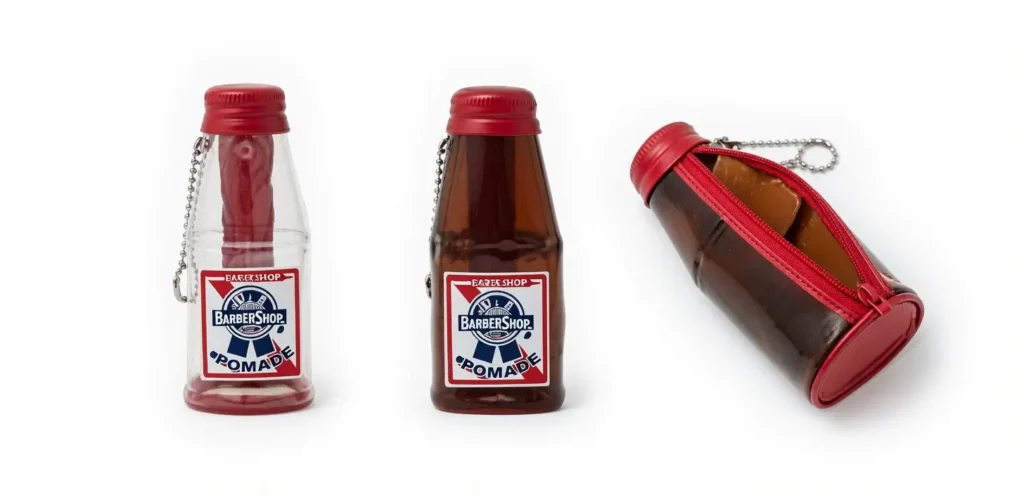 Three bottle-inspired zip pouches shown in clear, brown, and open zipper views, displayed on a white background