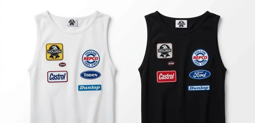 White and black sleeveless tank tops decorated with colorful embroidered vintage-style patches, displayed on a white background