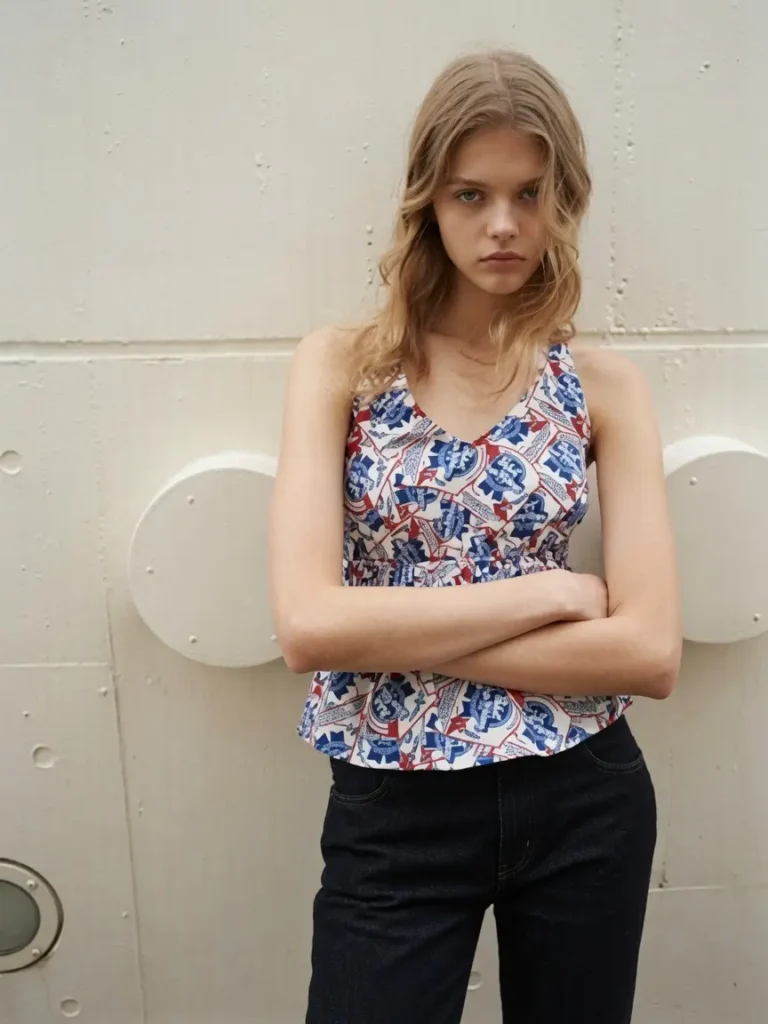 Blonde model wearing a printed camisole-style tank top and dark denim jeans while standing against an industrial wall with a neutral expression