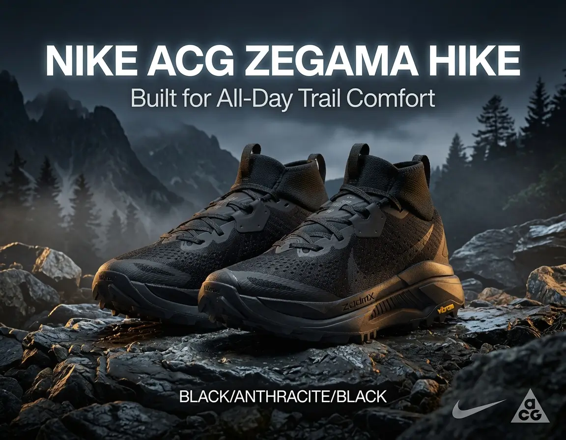 Nike ACG Zegama Hike trail shoes in Black Anthracite displayed on rugged mountain terrain with ZoomX cushioning and Vibram outsole