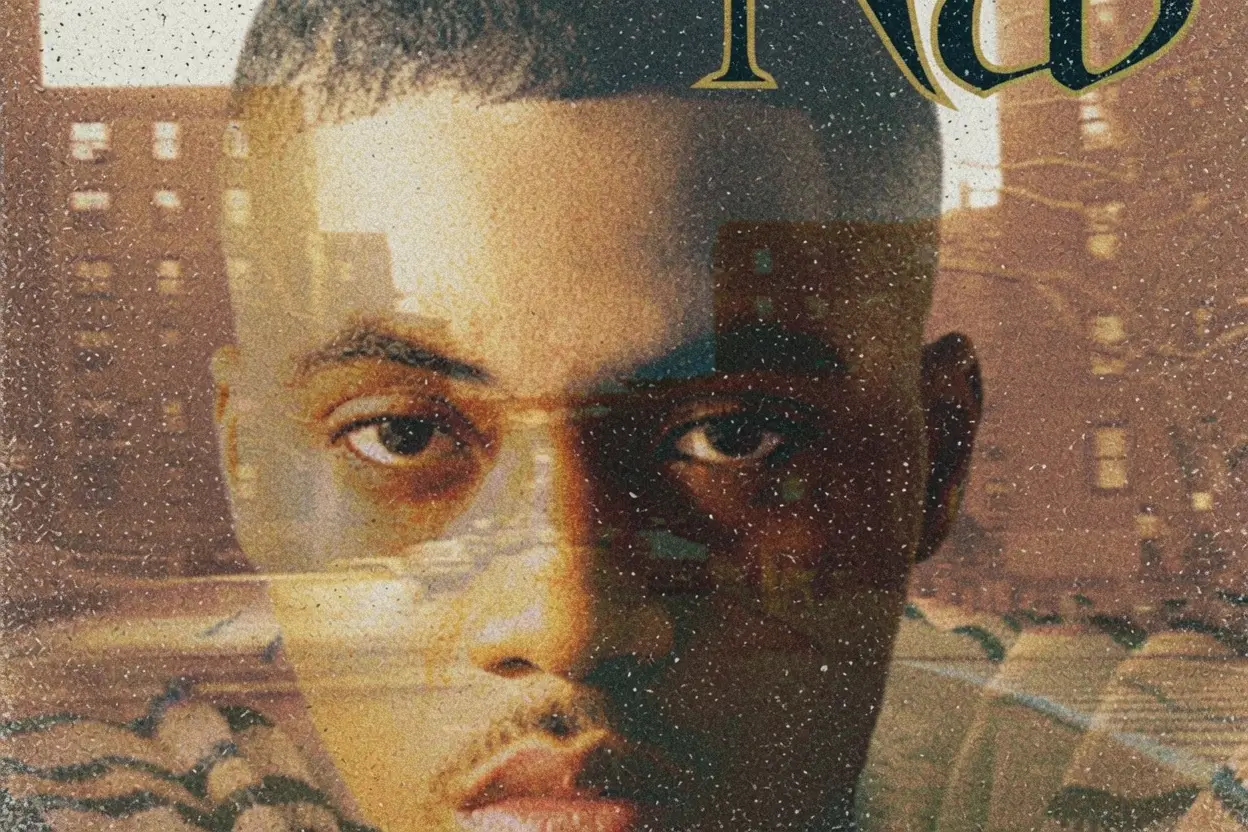 Album-inspired artwork featuring a close-up portrait of Nas with a layered double-exposure effect, blending his face with a New York City streetscape and apartment buildings in warm sepia tones for a cinematic hip-hop aesthetic.