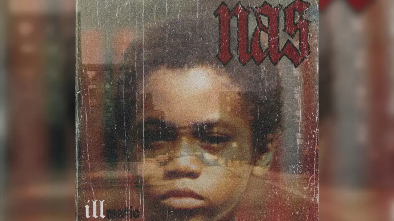 Vintage-inspired artwork featuring a childhood portrait of rapper Nas layered with a faded New York City streetscape, distressed textures, and gothic typography, creating a nostalgic hip-hop album aesthetic.