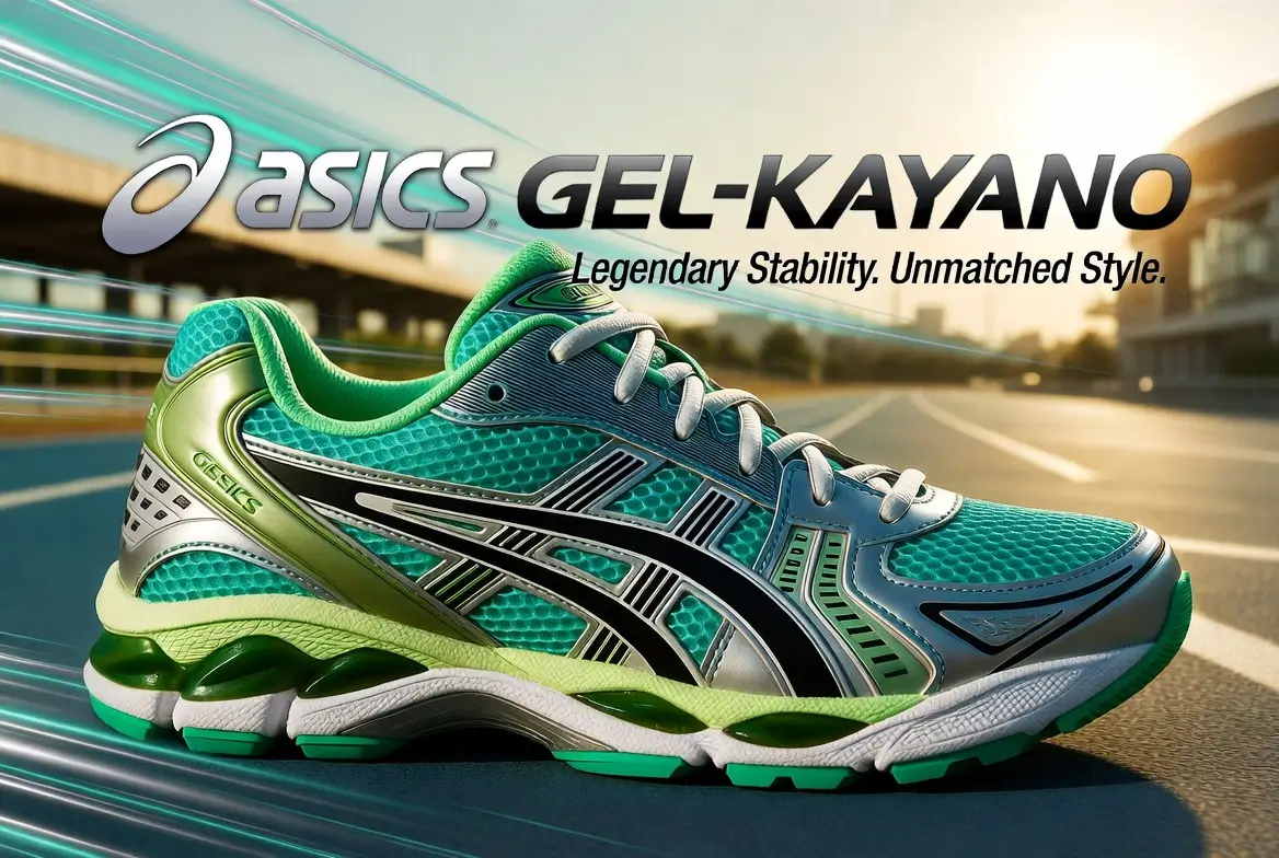 ASICS GEL-KAYANO running shoe in a vibrant teal and metallic silver colorway featuring breathable mesh, black Tiger Stripes, visible GEL cushioning, and a performance-inspired design displayed against a motion-blurred roadway backdrop.