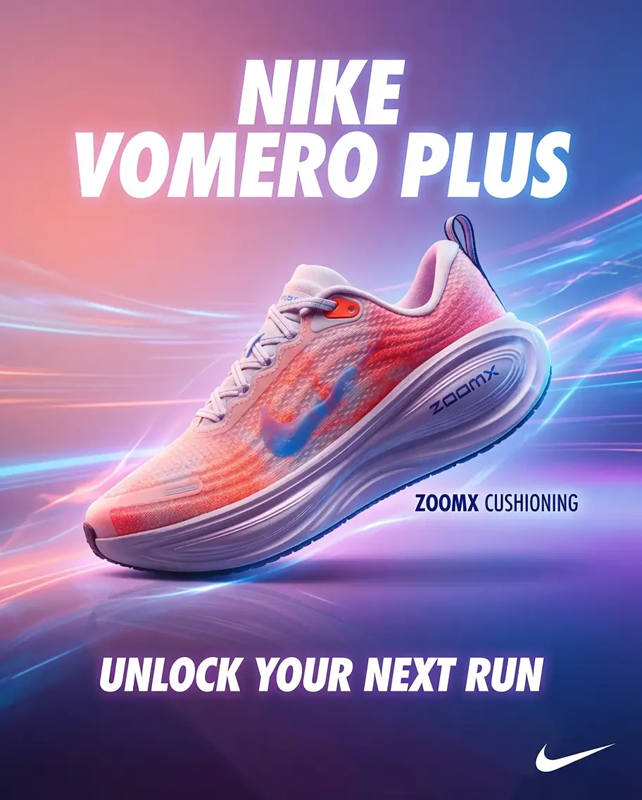 Promotional image of the Nike Vomero Plus running shoe in a pink and orange gradient colorway with a blue Swoosh, floating against a vibrant purple and blue motion-inspired background. Bold typography highlights ZoomX cushioning and the slogan 'Unlock Your Next Run,' emphasizing the shoe's high-stack performance design.