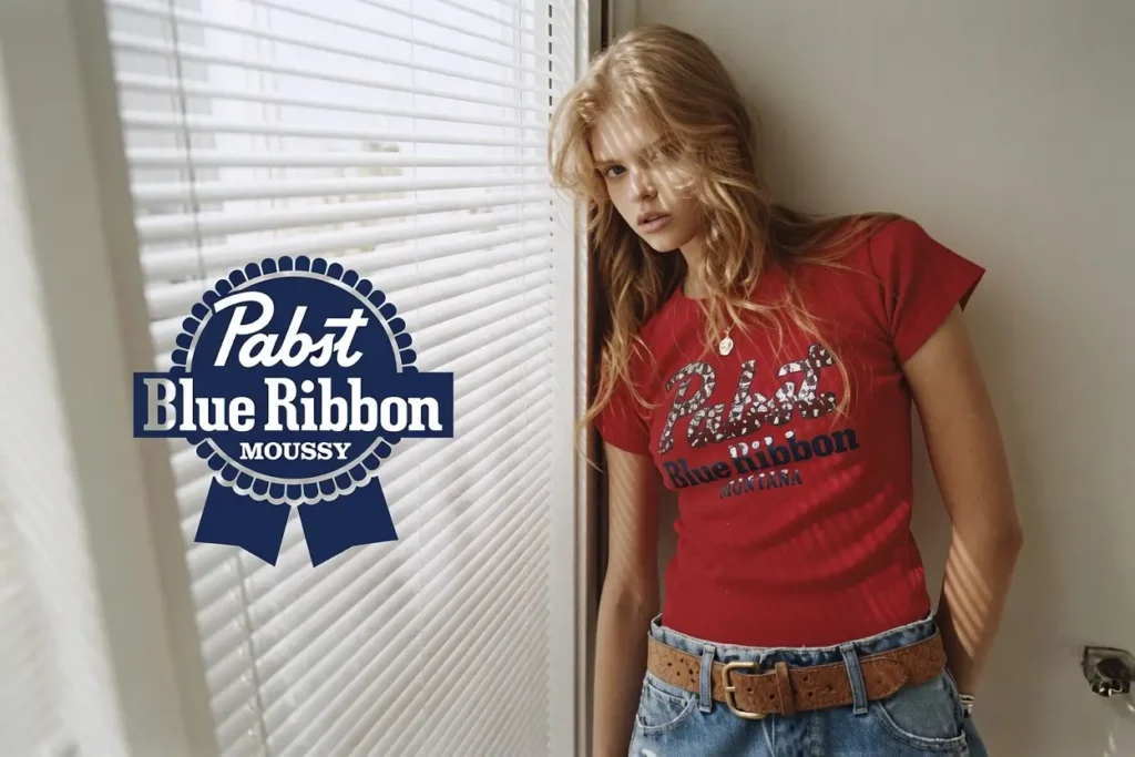 Blonde model sitting on a plaid-covered bed wearing a white sleeveless top and black athletic shorts with branded patches, surrounded by beverage cans in a cozy retro-inspired room