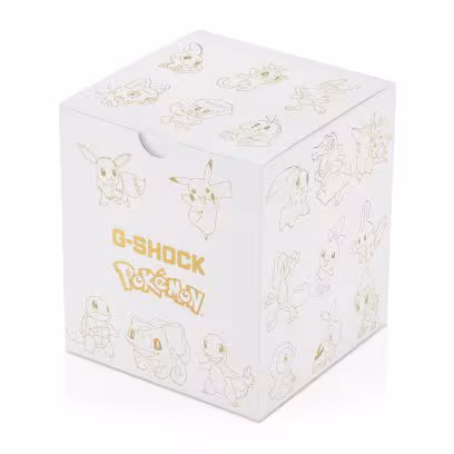White Pokémon x G-SHOCK collector's presentation box featuring gold G-SHOCK and Pokémon logos with subtle line-art illustrations of Pikachu and other Pokémon characters across every panel.