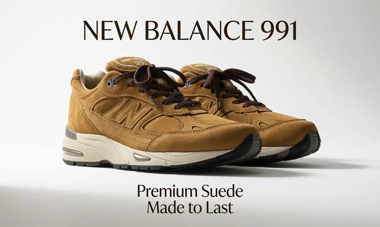 New Balance 991 premium suede sneakers in tan with dark brown laces