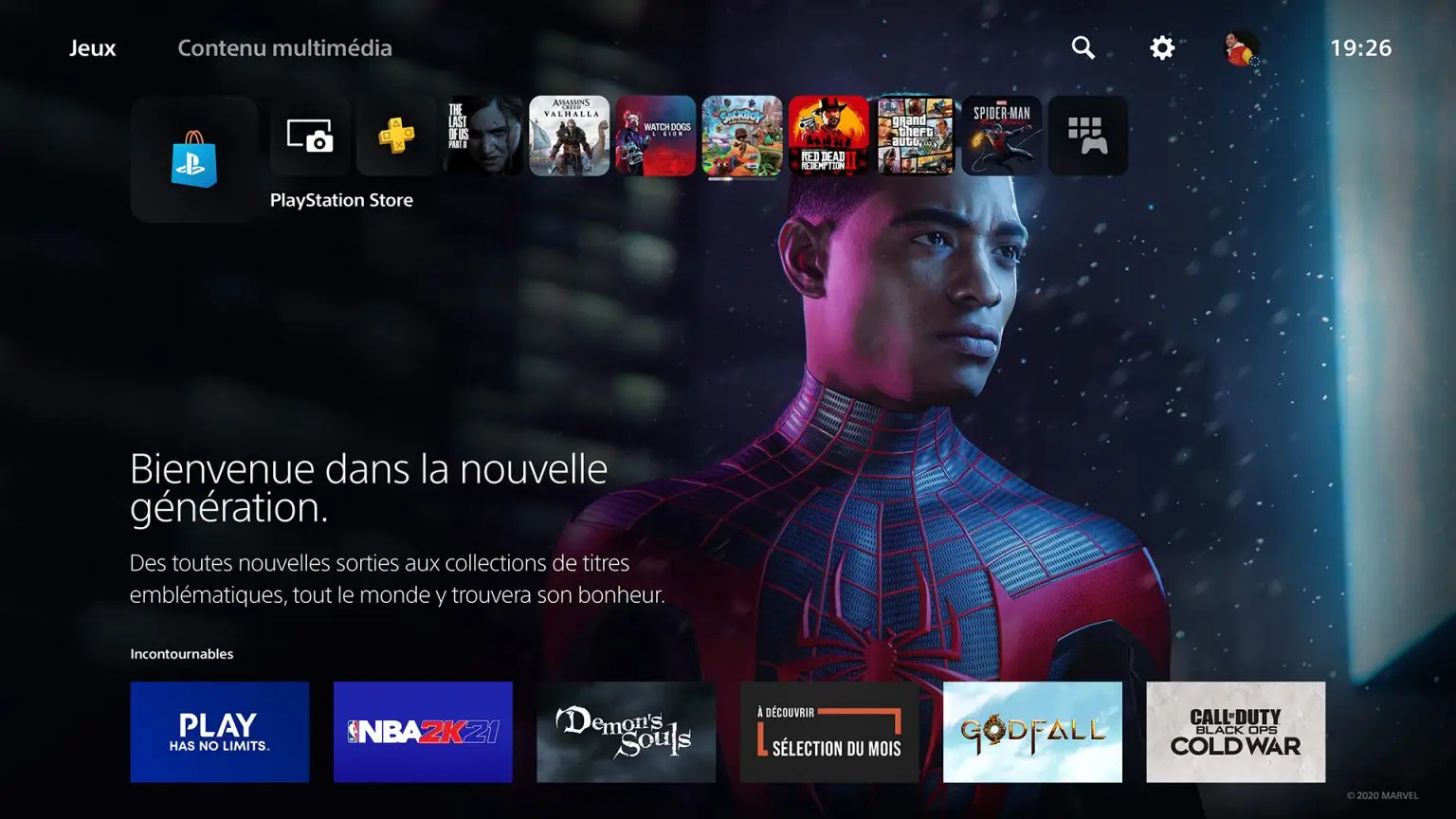 PlayStation 5 home screen interface in French displaying the PlayStation Store, installed game icons including Marvel's Spider-Man: Miles Morales, The Last of Us Part II, Assassin's Creed Valhalla, Red Dead Redemption 2, Grand Theft Auto V, and featured launch titles beneath a large Miles Morales promotional background.