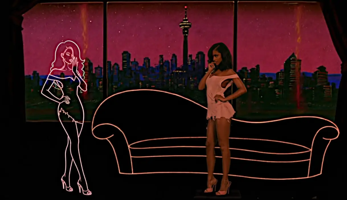 Stylized scene featuring a live-action woman in a pale pink off-the-shoulder dress standing beside a glowing neon outline of an illustrated woman, with a neon sofa and a city skyline at sunset visible through large windows.
