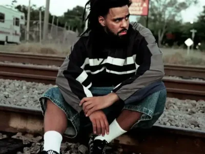 J. Cole sits on railroad tracks wearing a black, gray, and white windbreaker, oversized denim shorts, white crew socks, and black sneakers, looking off to the side against an industrial outdoor backdrop at dusk