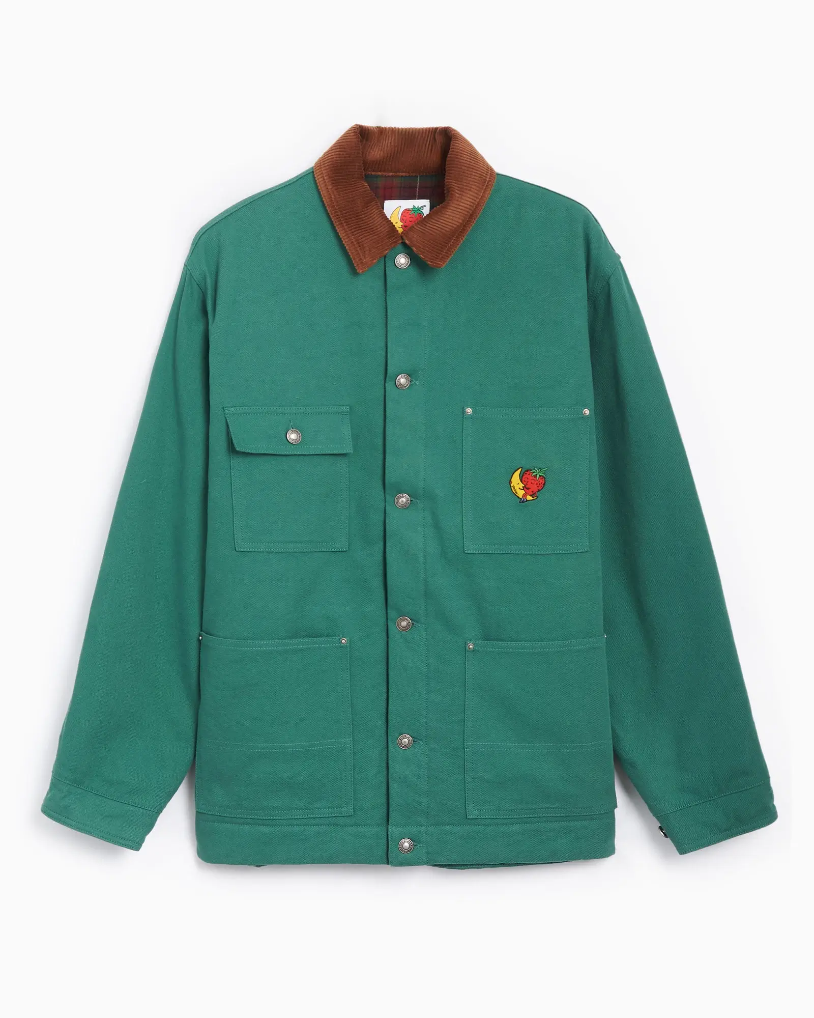 Studio product image of a green canvas chore jacket featuring a brown corduroy collar, four utility pockets, metal button closure, and an embroidered Sky High Farm strawberry-and-moon logo on the chest pocket against a white background.