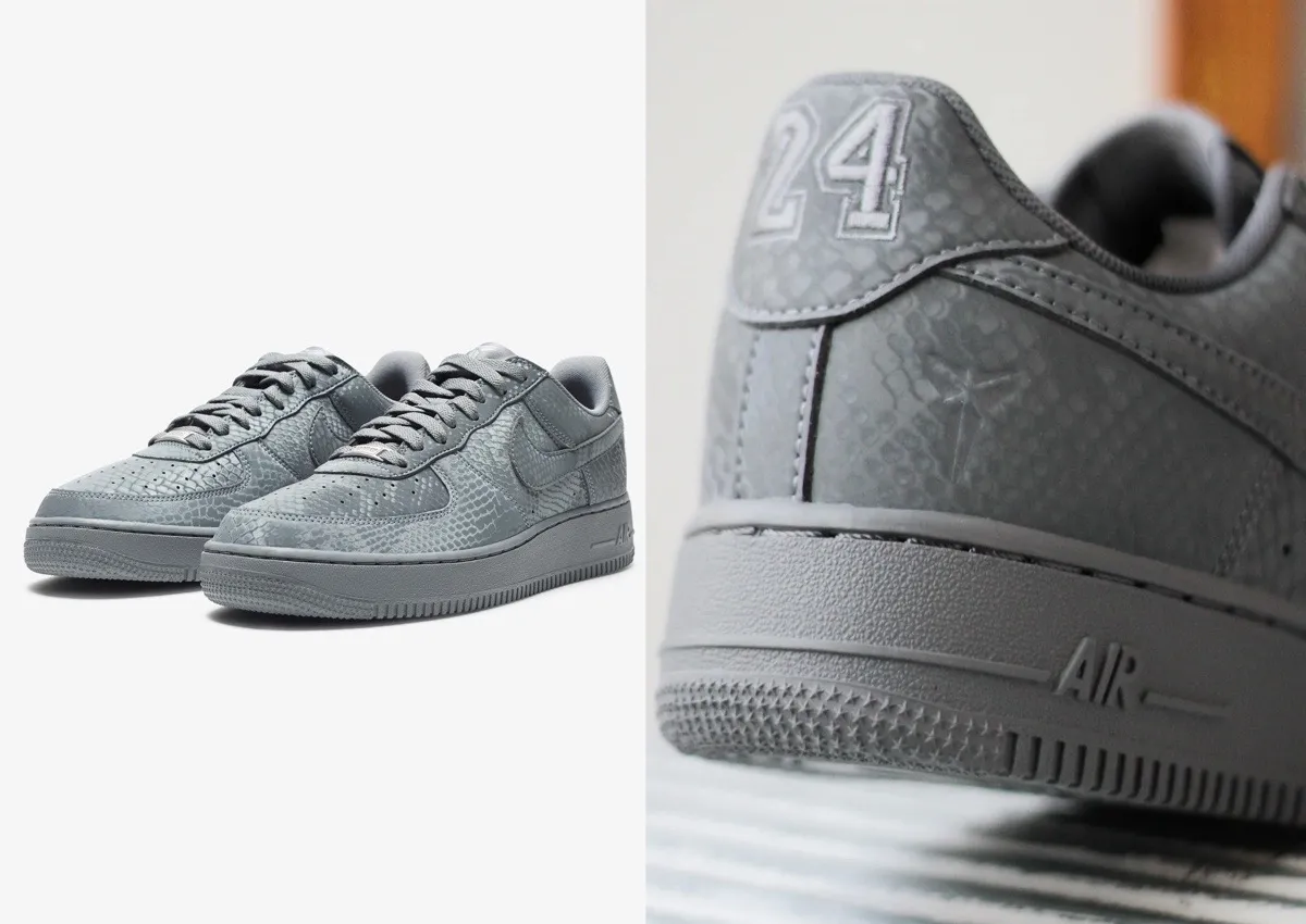 Nike Air Force 1 Low 'Cool Grey' Kobe Bryant edition featuring an all-gray snakeskin-textured leather upper, tonal Swooshes, and a heel embroidered with Bryant's iconic No. 24.