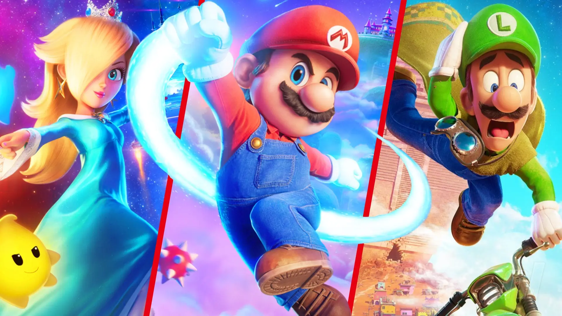 Promotional artwork from The Super Mario Galaxy Movie featuring Rosalina, Mario, and Luigi in separate panels against colorful cosmic backgrounds inspired by the Galaxy series.