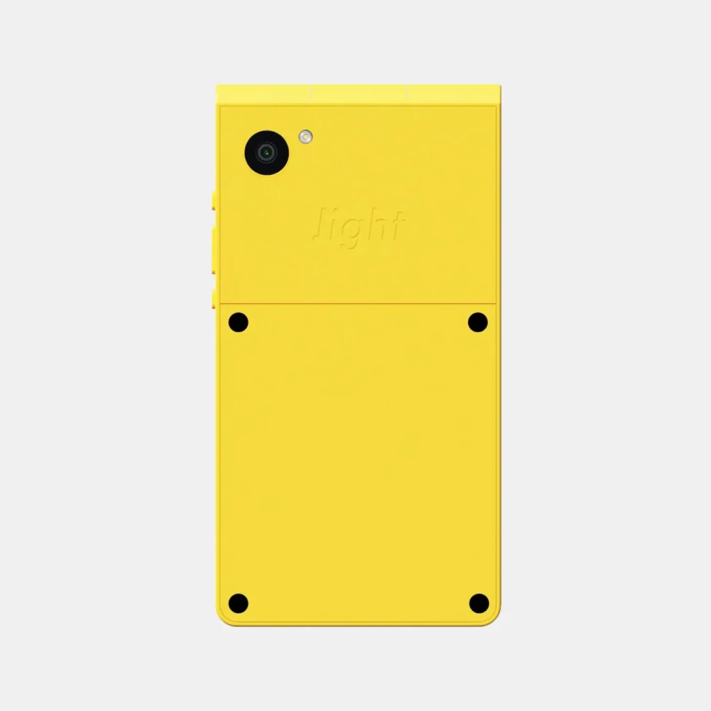 Rear view of the yellow Light Phone showing its single camera, flash, embossed Light branding, and flat industrial design on a light gray background