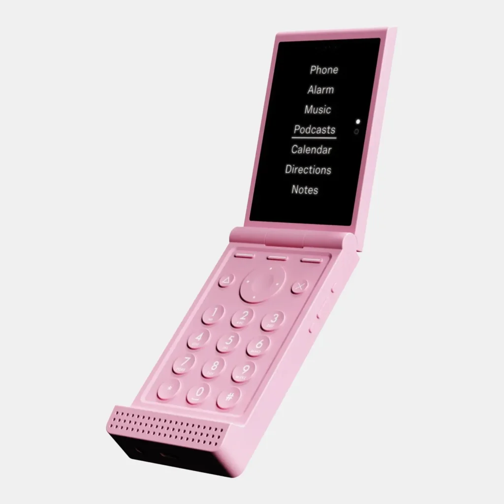 A pink flip-style Light Phone concept is displayed open, reveal a monochrome interface with essential apps and a physical numeric keypad beneath the screen