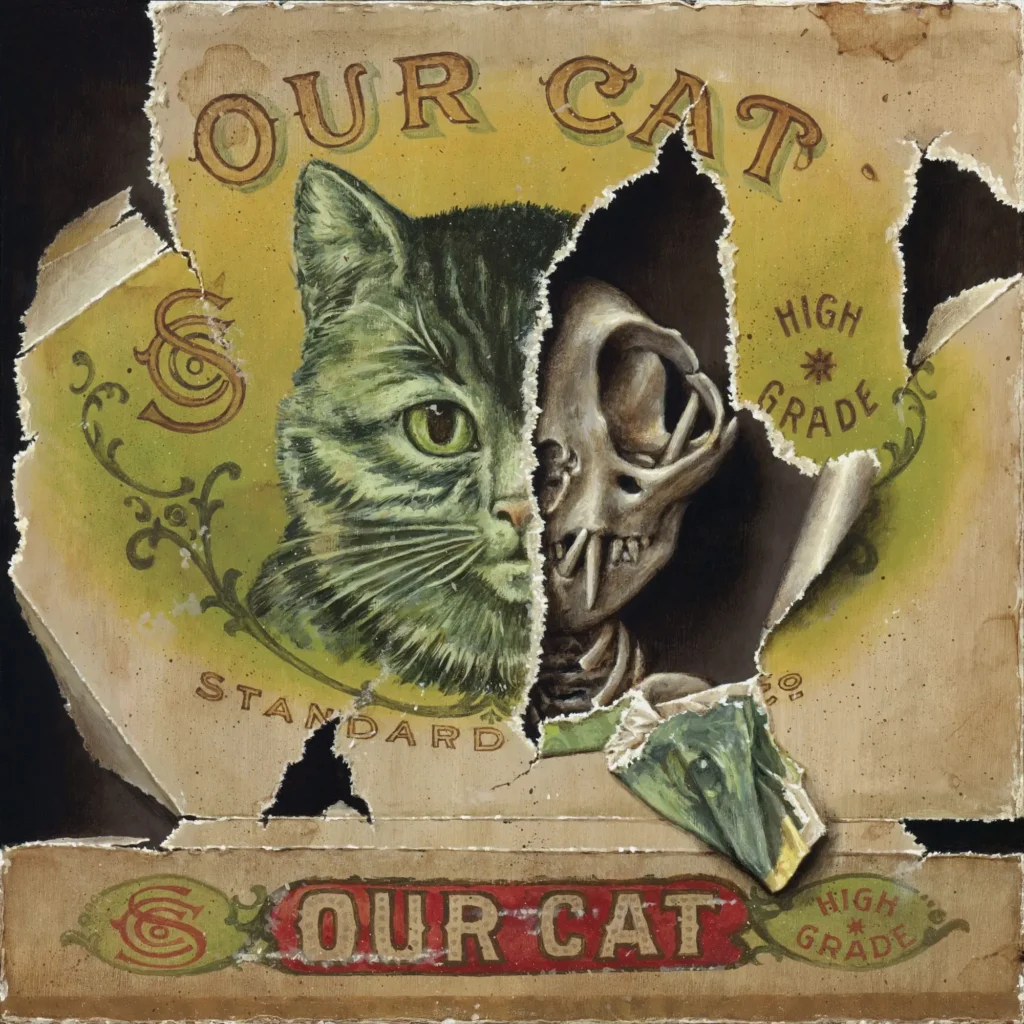 A trompe l'oeil style painting of a torn vintage cat food box reveals a striking split image beneath, with one half showing the face of a green eyed tabby cat and the other exposing a detailed feline skull. Weathered cardboard edges, faded typography reading "Our Cat" and "High Grade," decorative flourishes, and a detached corner fragment enhance the illusion of an aged package peeling away to expose mortality beneath the surface