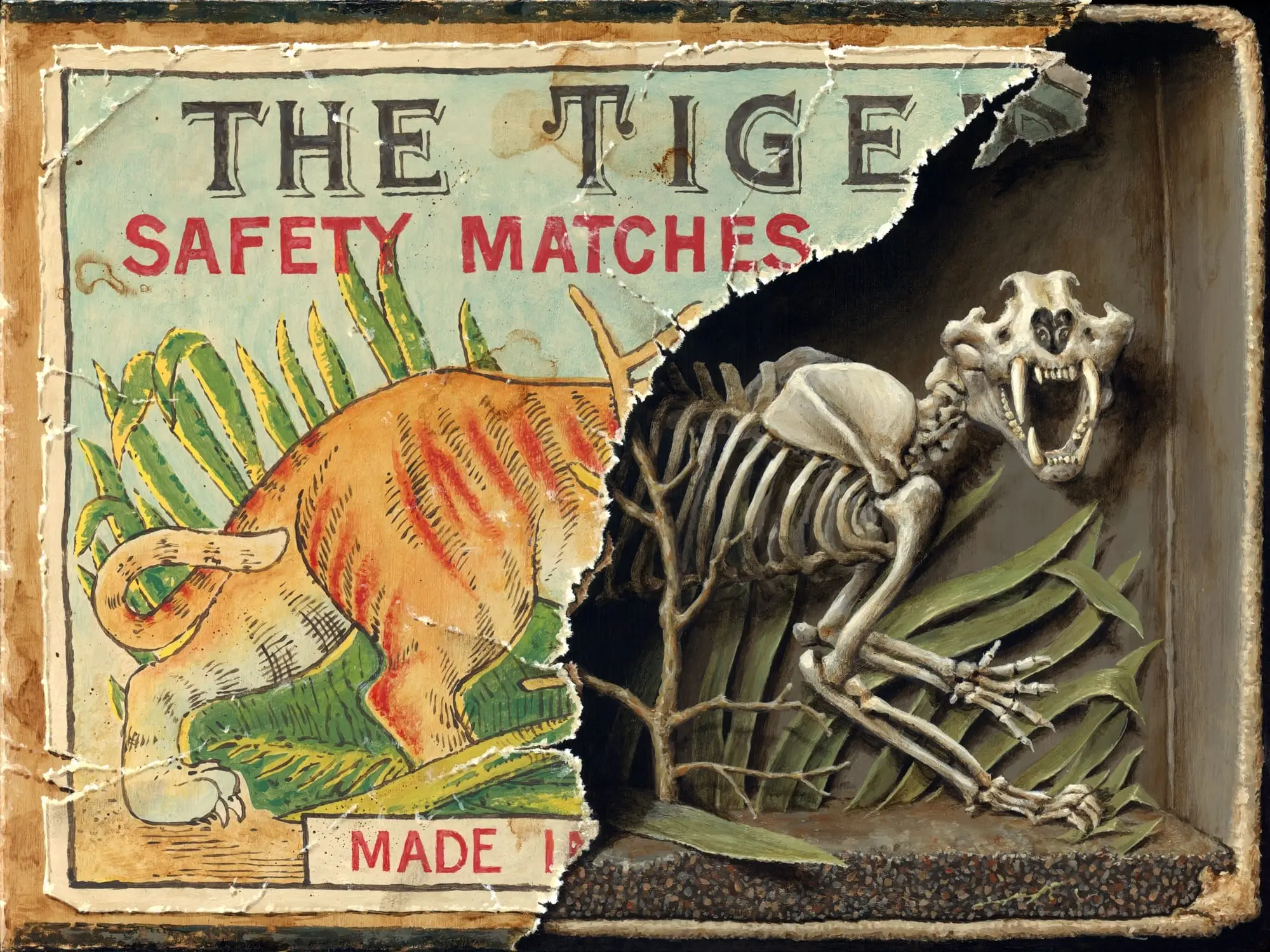 A hyperrealistic painting of a vintage Tiger Safety Matches box with a torn front label revealing a three dimensional tiger skeleton hidden inside. The left half shows a traditional illustrated tiger crouching in grass, while the ripped opening exposes a snarling skeletal tiger surrounded by foliage, blending vintage packaging design with detailed trompe l'oeil illusion.