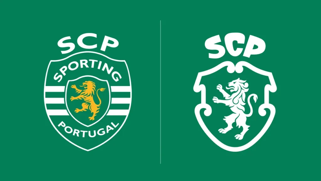 Two green and white Sporting CP logos side by side. The left logo shows SCP Sporting Portugal with a yellow lion; the right logo is a simpler, white outline version with a lion on a shield, both on a green background.